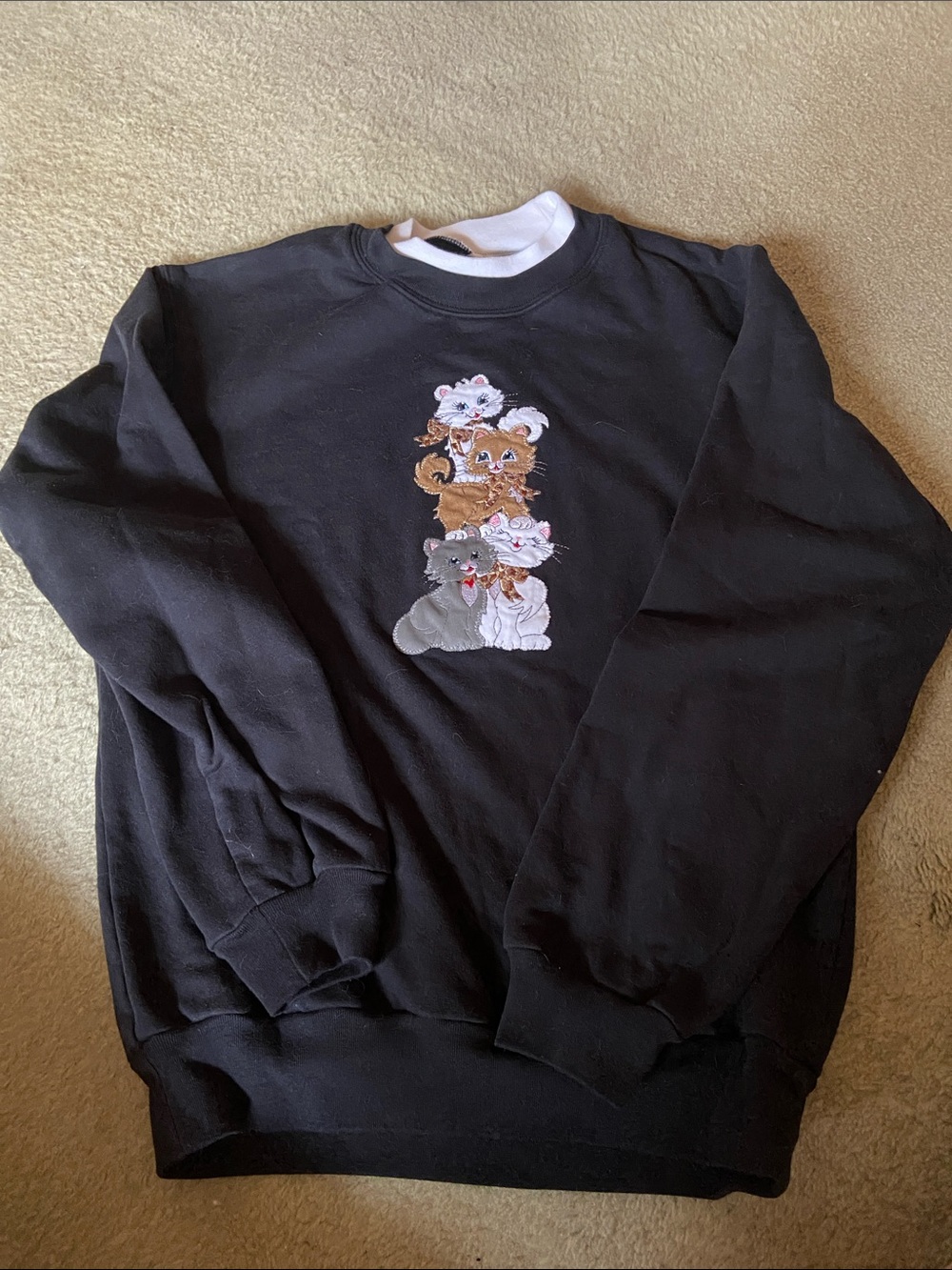 Women’s Black Crewneck Sweater with Stacked Kittens Embroidery